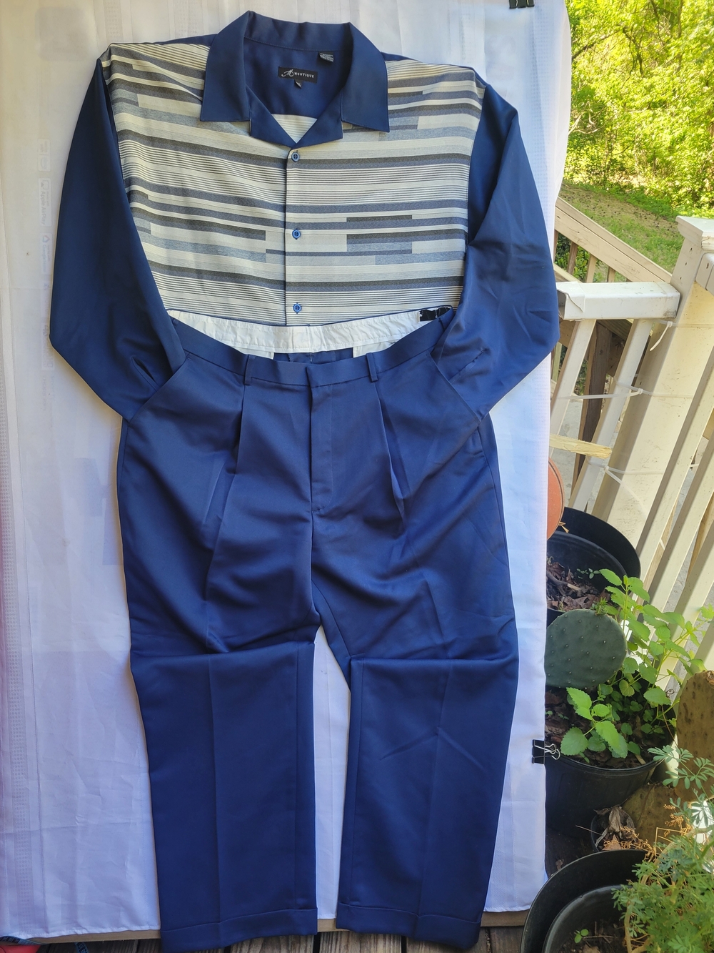 Montique Antique Navy Blue Men's Dress Top with Label Detail